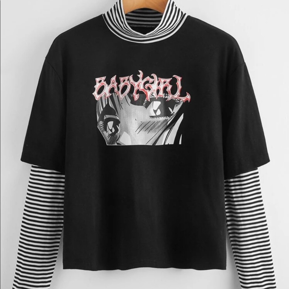 Striped Sleeve 2 in 1 Anime Graphic Tee